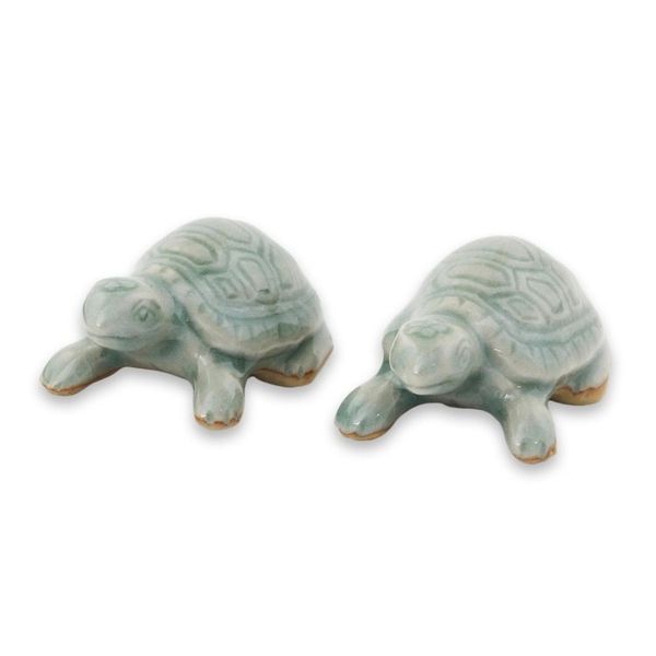 Alternate image for Celadon Ceramic Turtle Sculptures in Light Blue Pair Sky Blue Resilient Turtles