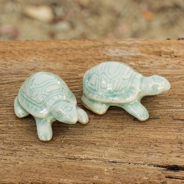 Alternate image for Celadon Ceramic Turtle Sculptures in Light Blue Pair Sky Blue Resilient Turtles