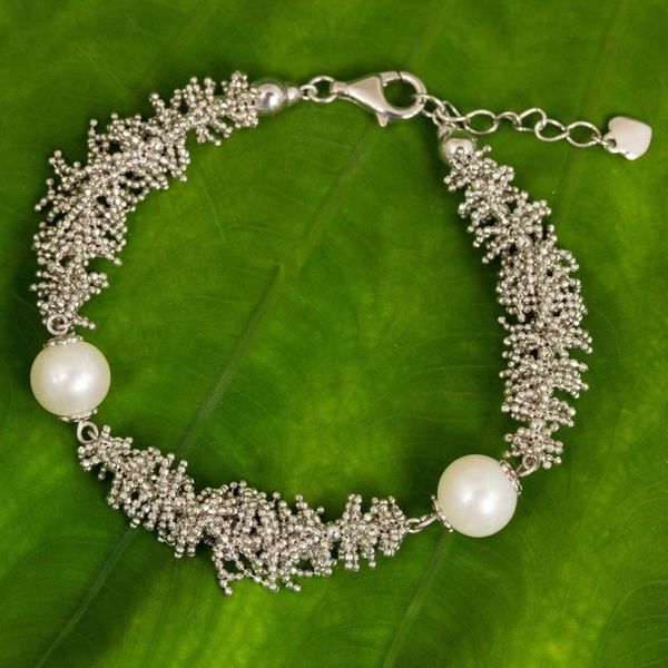 Alternate image for Handcrafted Thai Sterling Silver Bracelet Cultured Pearls White Coral Reef