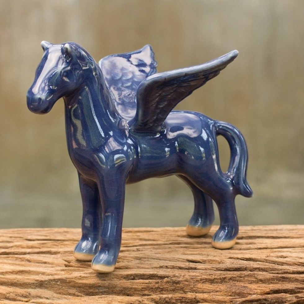 Green Celadon Winged Horse Figurine 'Blue Pegasus'