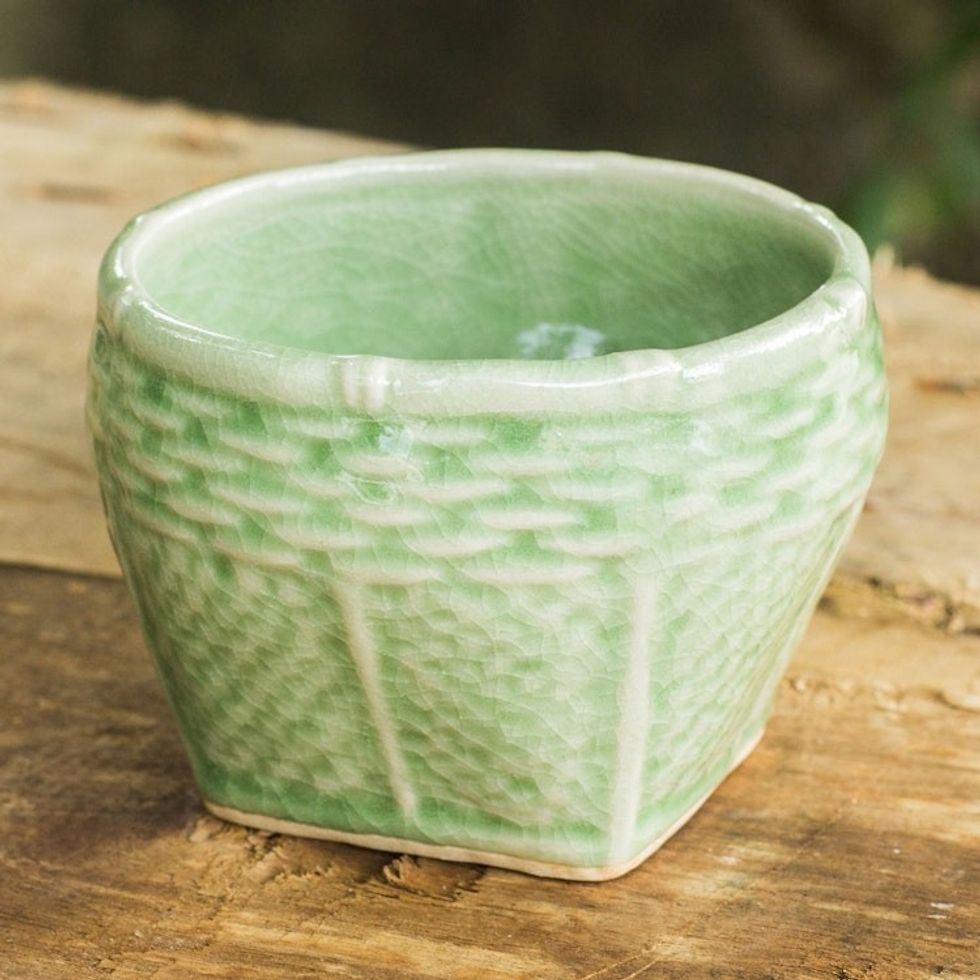 Light Green Celadon Ceramic Vase with Basket Shape Small 'Basket'