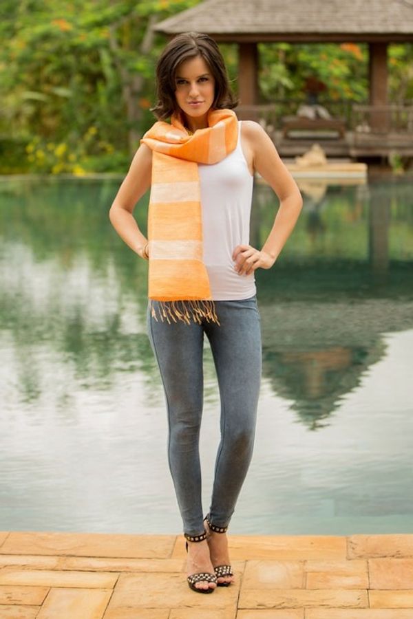 Alternate image for Handwoven Thai Silk Scarf in Golden Yellows Sunshine Illusion