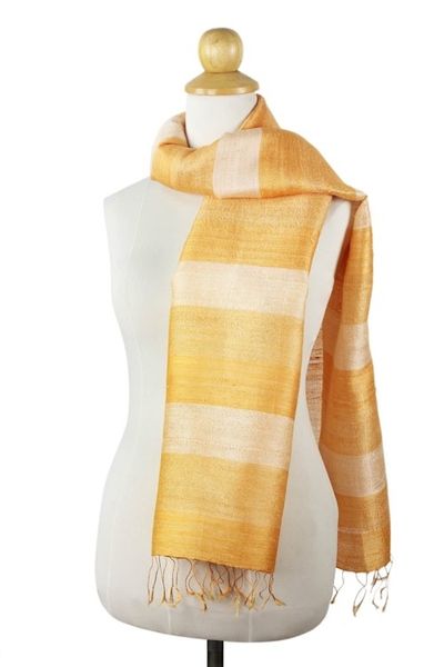 Alternate image for Handwoven Thai Silk Scarf in Golden Yellows Sunshine Illusion