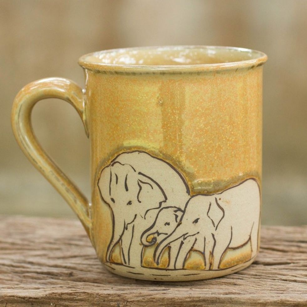 Yellow Elephant Theme Celadon Ceramic Mug 'Yellow Elephant Family'