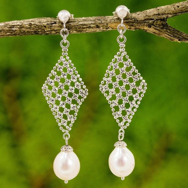 Alternate image for Cultured Pearl Diamond Shape Chandelier Earrings Thailand Diamond Chandeliers