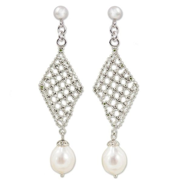 Alternate image for Cultured Pearl Diamond Shape Chandelier Earrings Thailand Diamond Chandeliers
