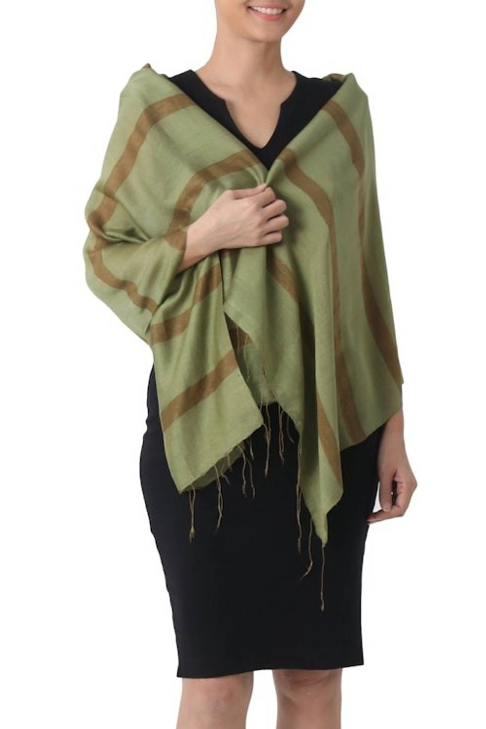 Hand Woven Green Silk Blend Shawl with Striped Motif 'Jungle Green'
