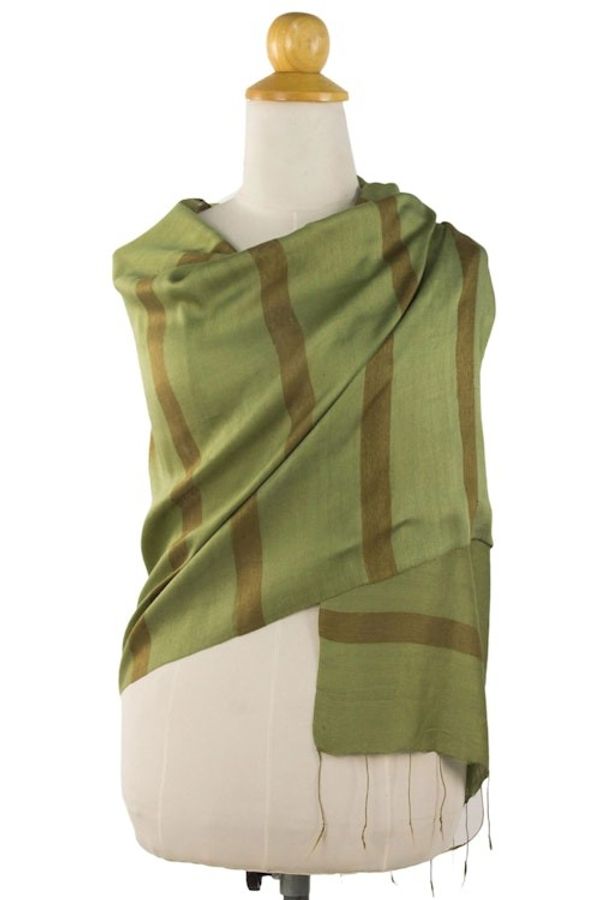 Alternate image for Hand Woven Green Silk Blend Shawl with Striped Motif Jungle Green