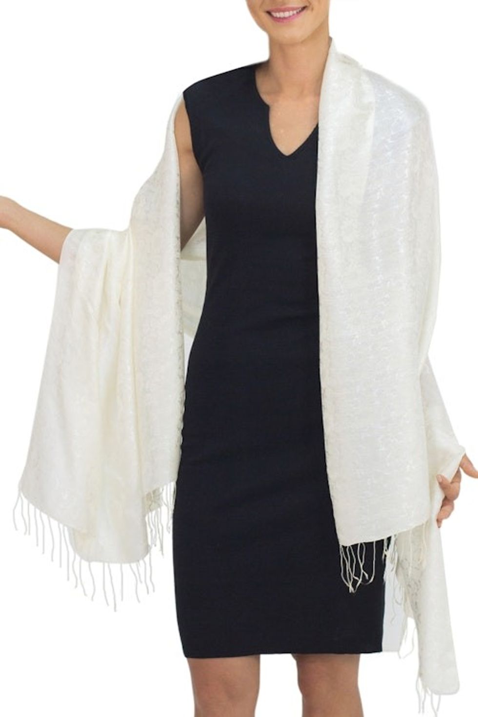 Cream Colored Rayon and Silk Blend Jacquard Shawl 'Mandarin Ivory'