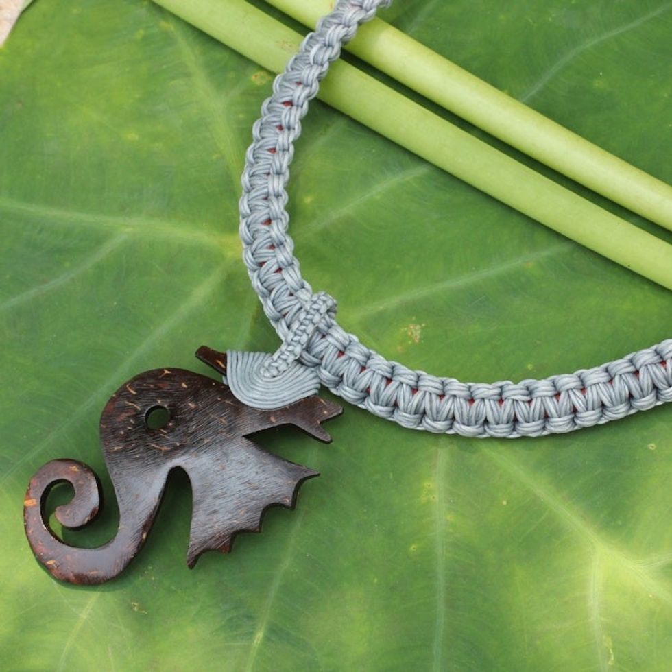 Fair Trade Leather and Coconut Shell Thai Necklace 'Siam Seahorse in Grey'