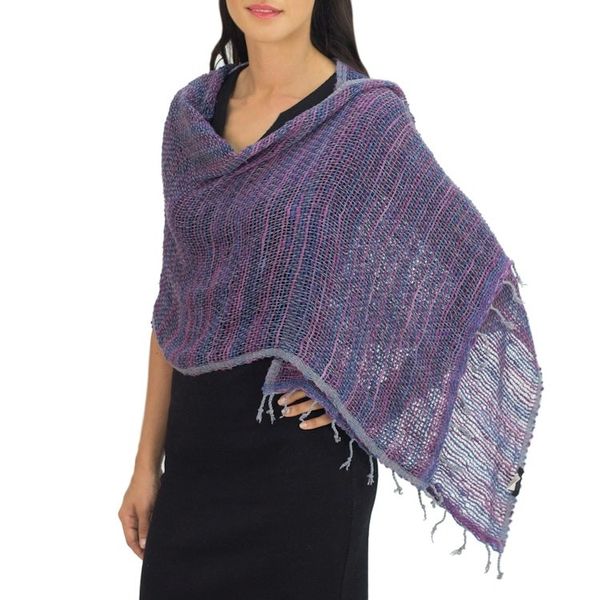 Alternate image for Hand Woven Cotton Shawl Thai Blue Purple Wrap Breeze of Blue Purple