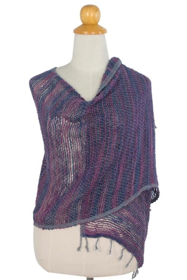 Alternate image for Hand Woven Cotton Shawl Thai Blue Purple Wrap Breeze of Blue Purple