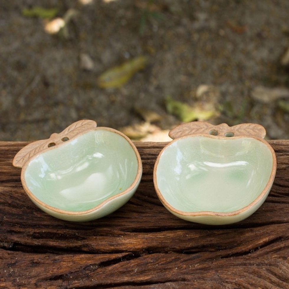 Green and Brown Celadon Condiment Dishes pair 'Autumn Apple'