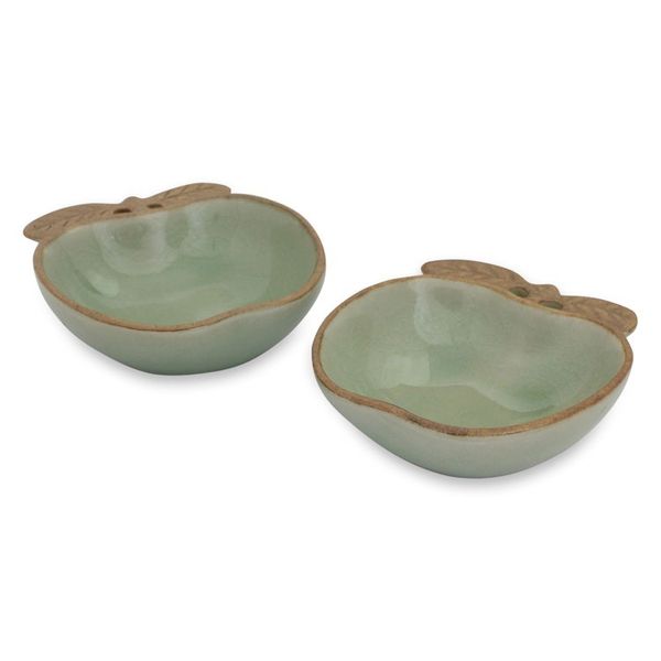 Alternate image for Green and Brown Celadon Condiment Dishes pair Autumn Apple