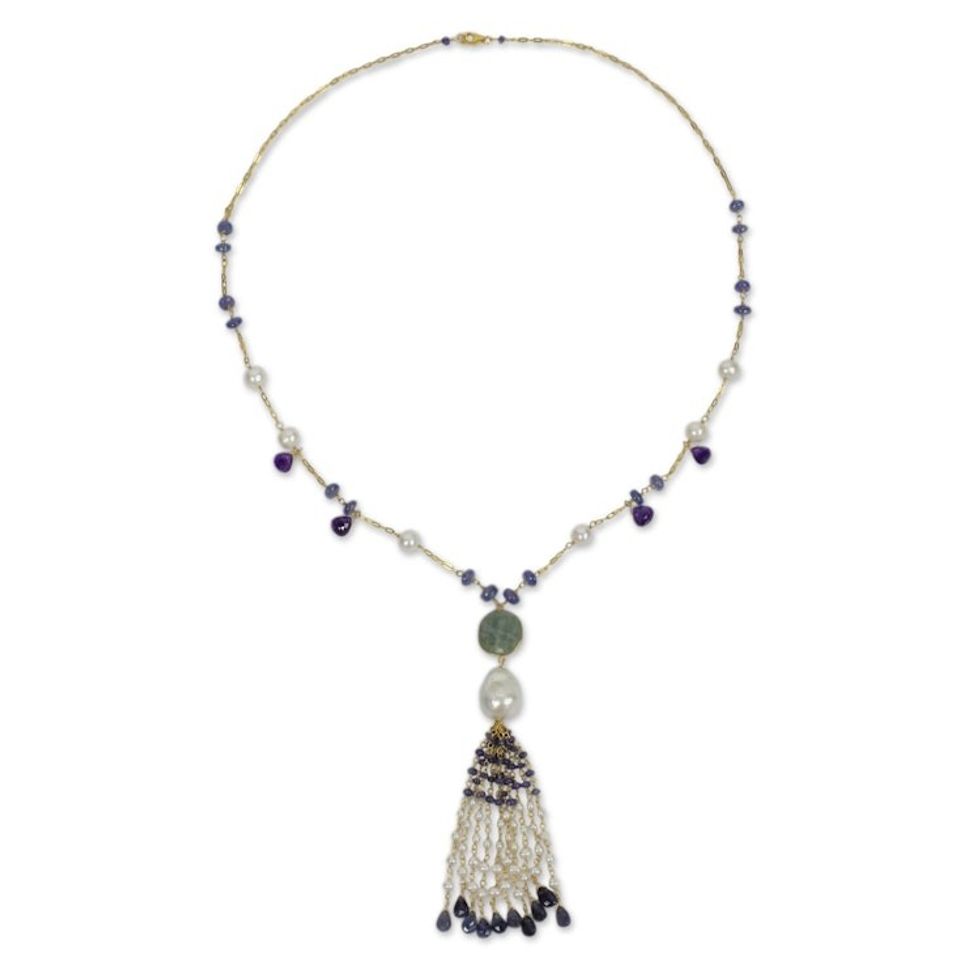 28-Inch Gold Plated Silver Necklace with Pearl and Amazonite 'Siam Sonnet'