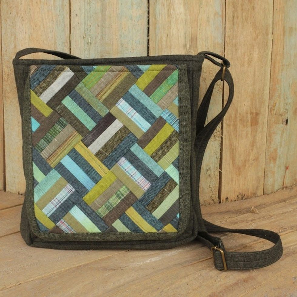 Cotton Thai Applique Shoulder Bag in Green with 3 Pockets 'Dark Green Siam'