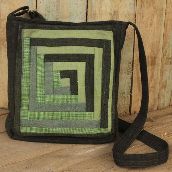 Alternate image for Cotton Thai Applique Shoulder Bag in Green with 3 Pockets Dark Green Siam