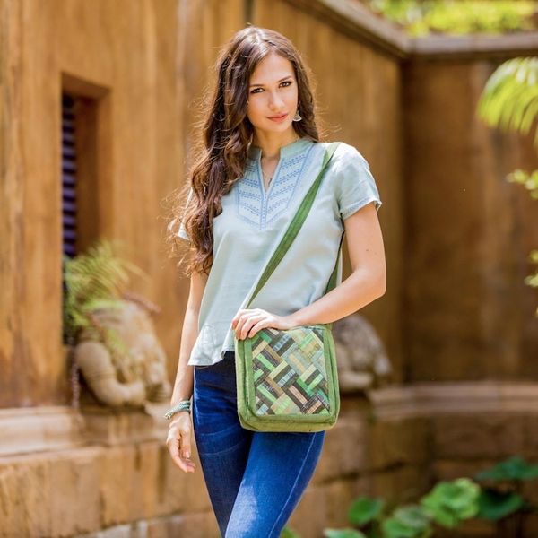 Alternate image for Cotton Thai Applique Shoulder Bag in Green with 3 Pockets Dark Green Siam