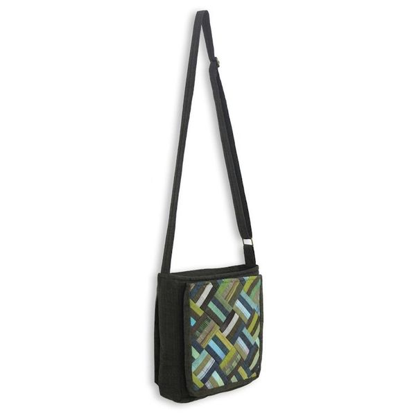 Alternate image for Cotton Thai Applique Shoulder Bag in Green with 3 Pockets Dark Green Siam