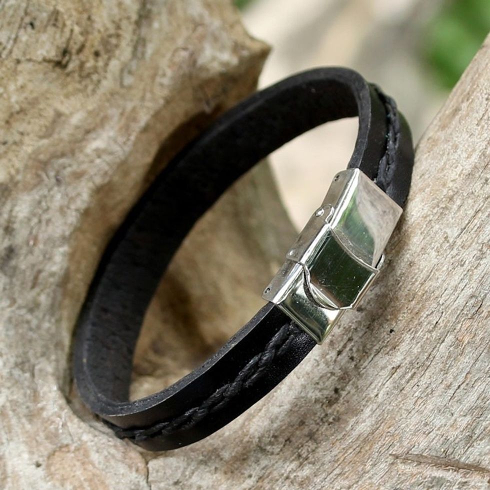 Simplistic Leather Wristband Bracelet in Black from Thailand 'The Road Ahead in Black'