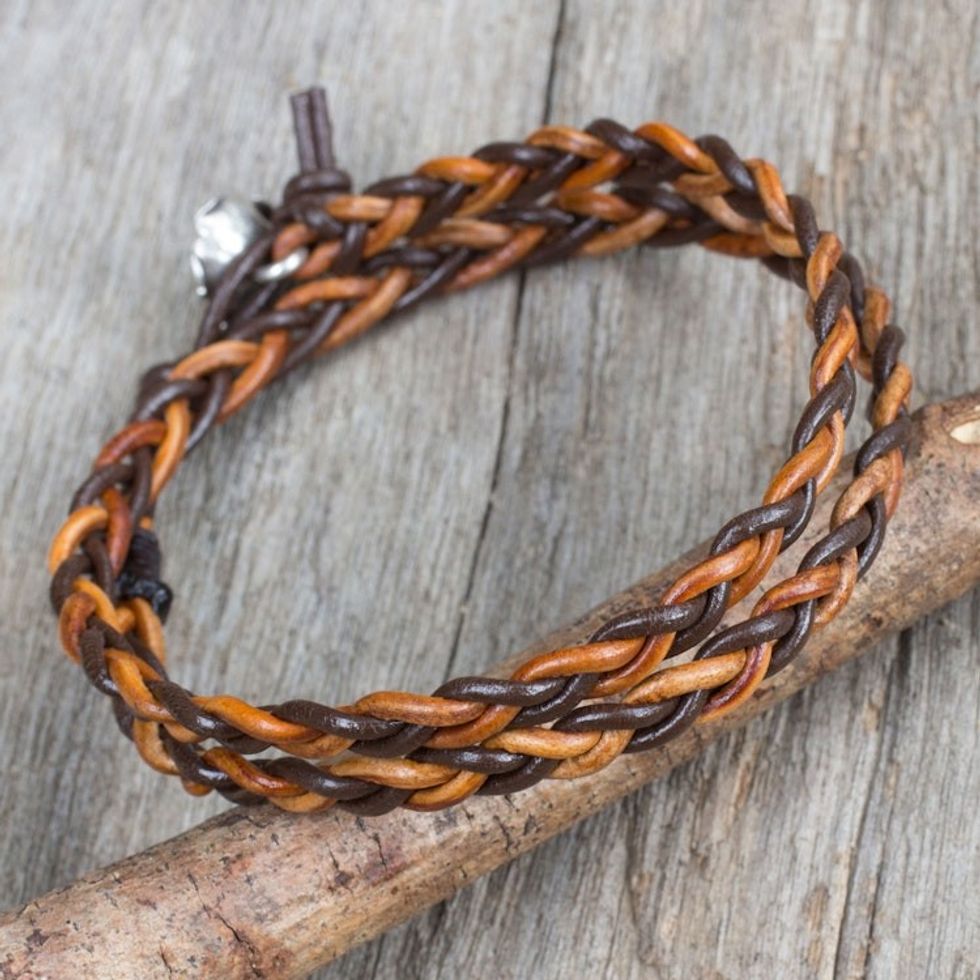 Hand Braided Silver Accent Brown Leather Wrap Bracelet 'Brown Shadow Paths'