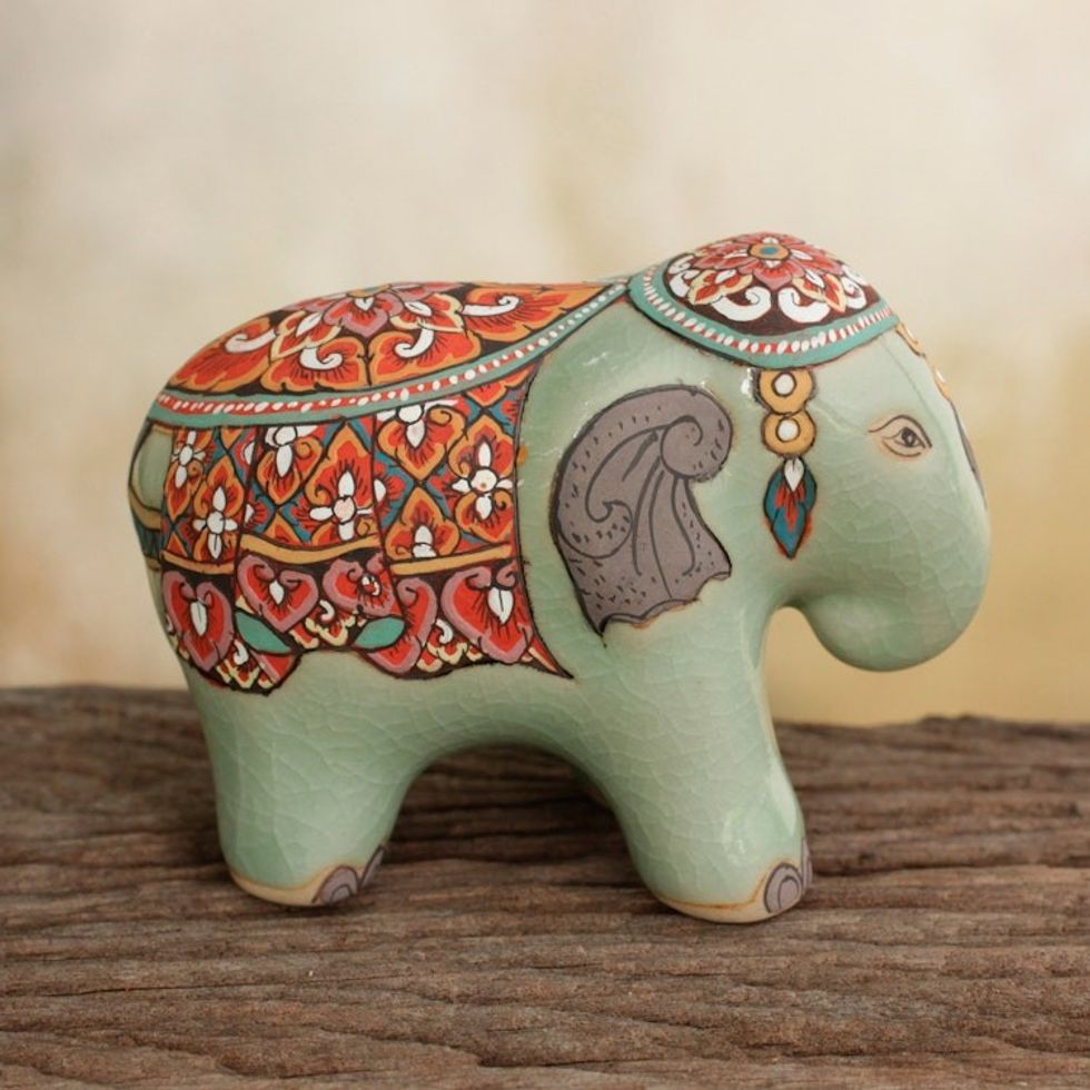 Artisan Crafted Thai Celadon Ceramic Elephant Statuette 'Royal Thai Elephant'