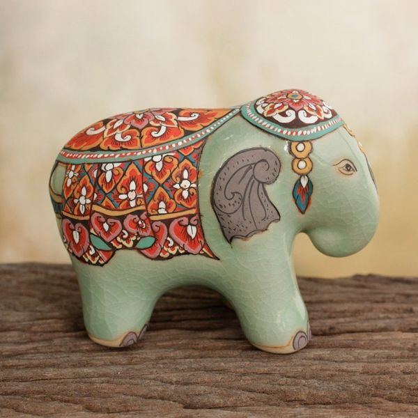 Alternate image for Artisan Crafted Thai Celadon Ceramic Elephant Statuette Royal Thai Elephant