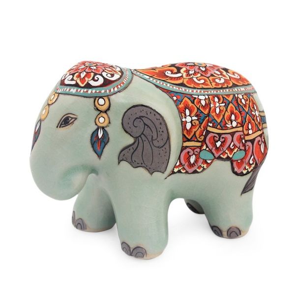 Alternate image for Artisan Crafted Thai Celadon Ceramic Elephant Statuette Royal Thai Elephant
