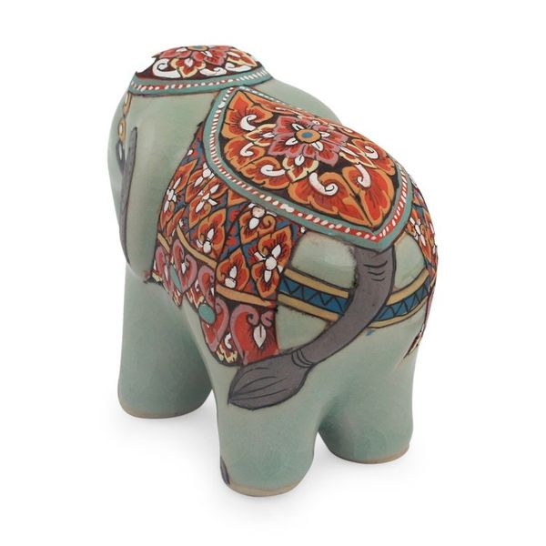 Alternate image for Artisan Crafted Thai Celadon Ceramic Elephant Statuette Royal Thai Elephant