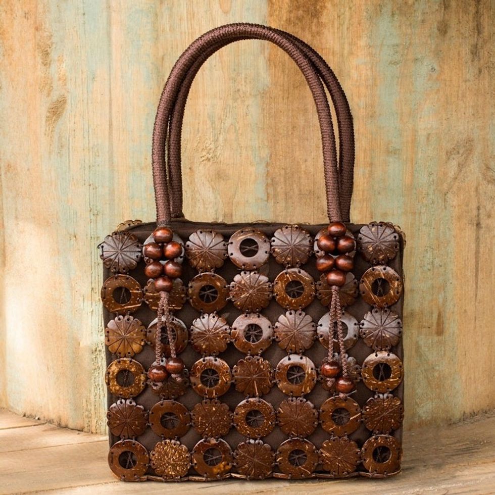 Handmade Brown Purse Crafted of Coconut Shell and Cotton 'Thai Coconut'
