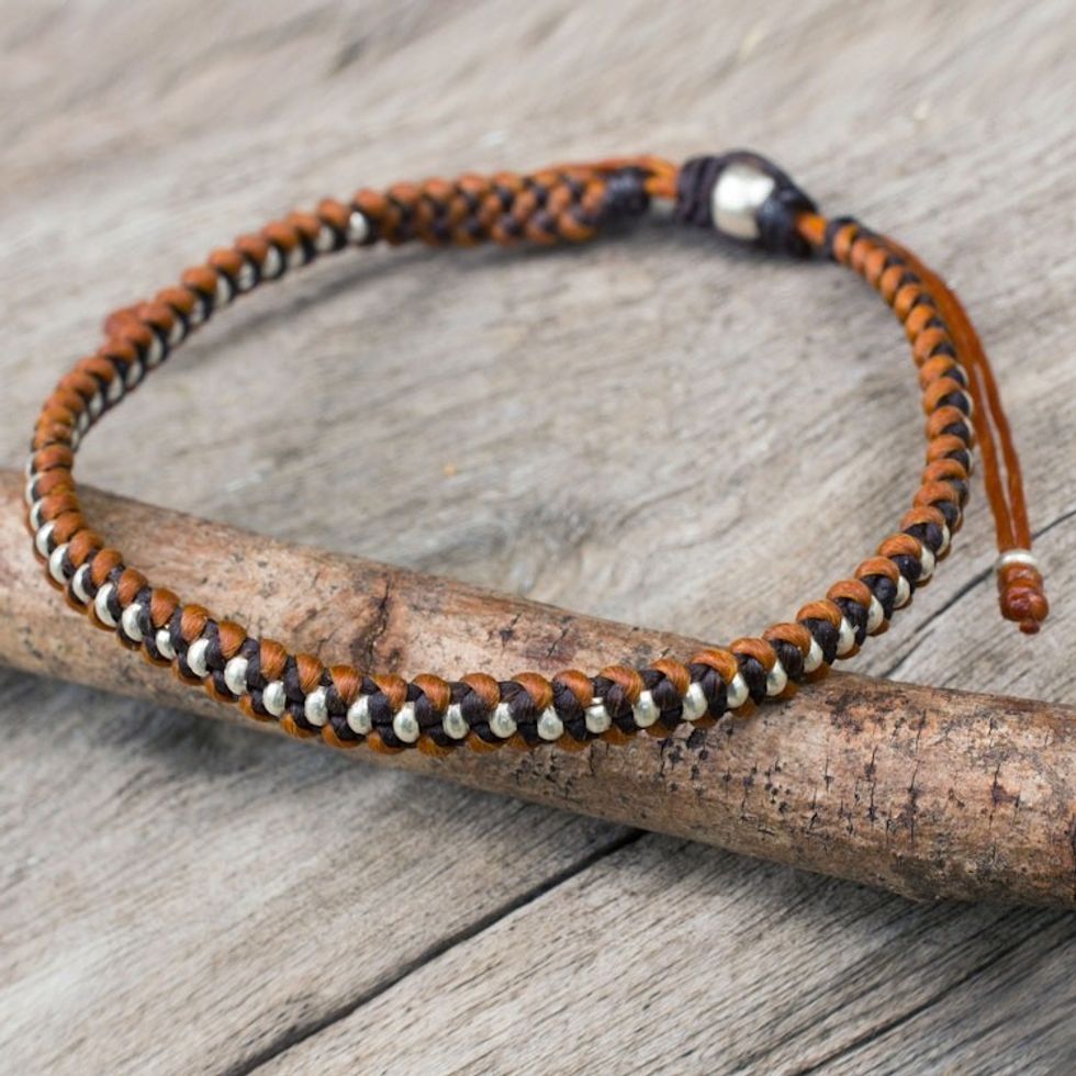 Silver Beads on Brown and Tan Wristband Bracelet 'Brown Tan Progression'