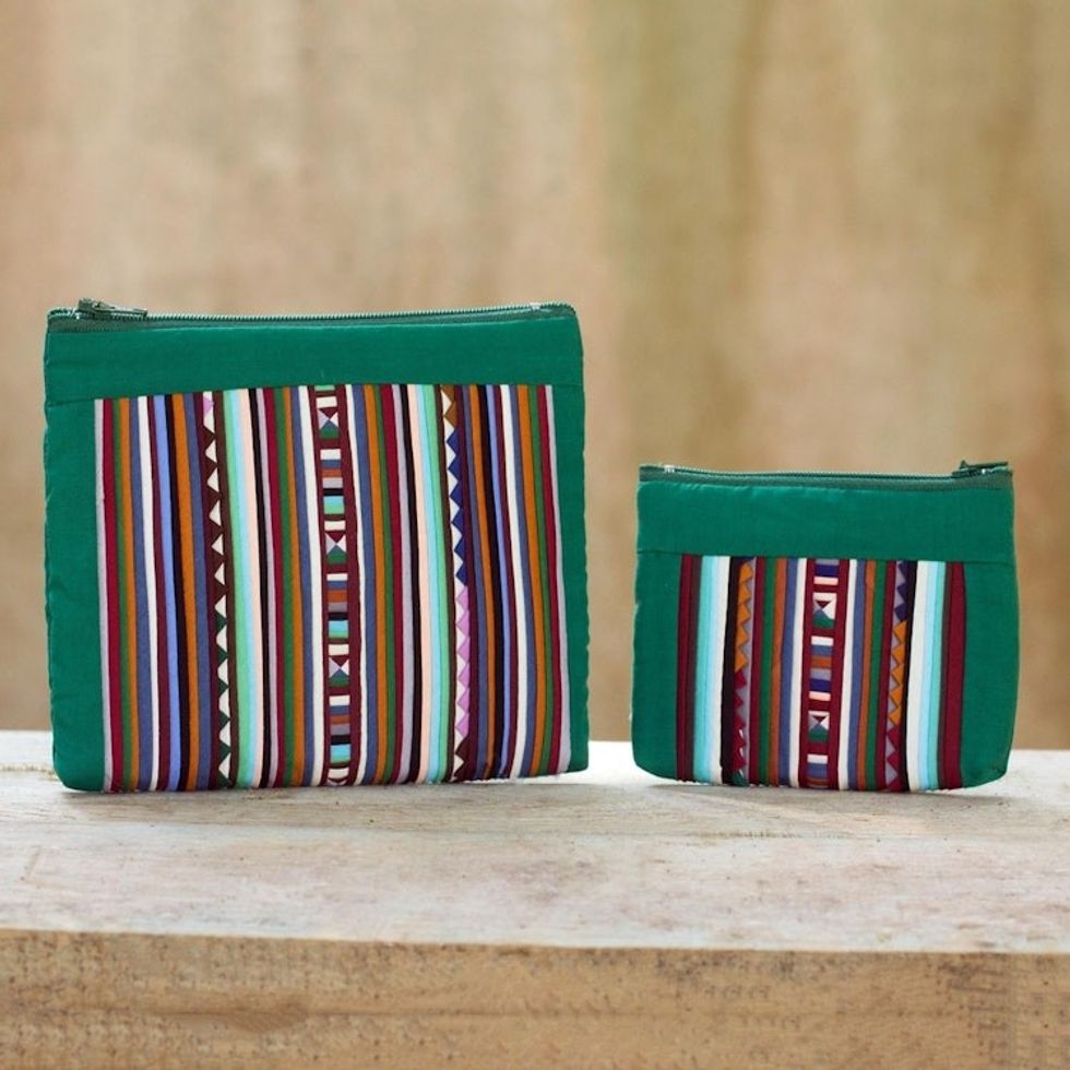 Thai Hill Tribe Applique on 2 Cotton Blend Cosmetic Bags 'Exotic Lisu in Green'