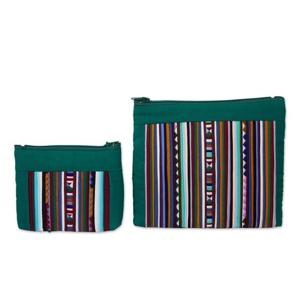 Alternate image for Thai Hill Tribe Applique on 2 Cotton Blend Cosmetic Bags Exotic Lisu in Green