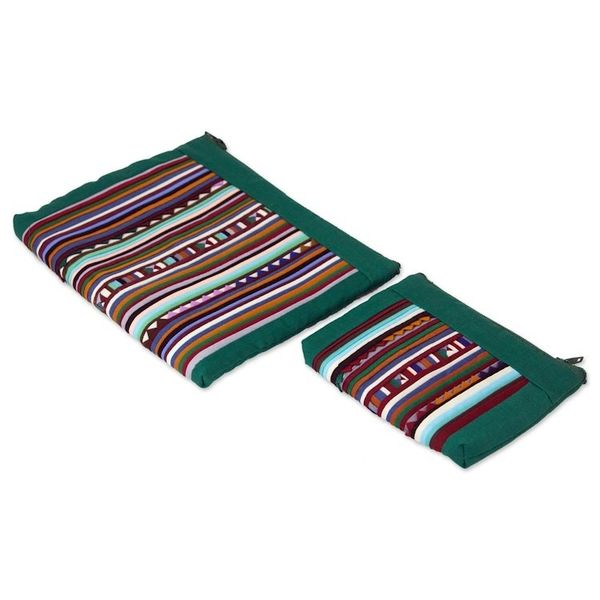 Alternate image for Thai Hill Tribe Applique on 2 Cotton Blend Cosmetic Bags Exotic Lisu in Green
