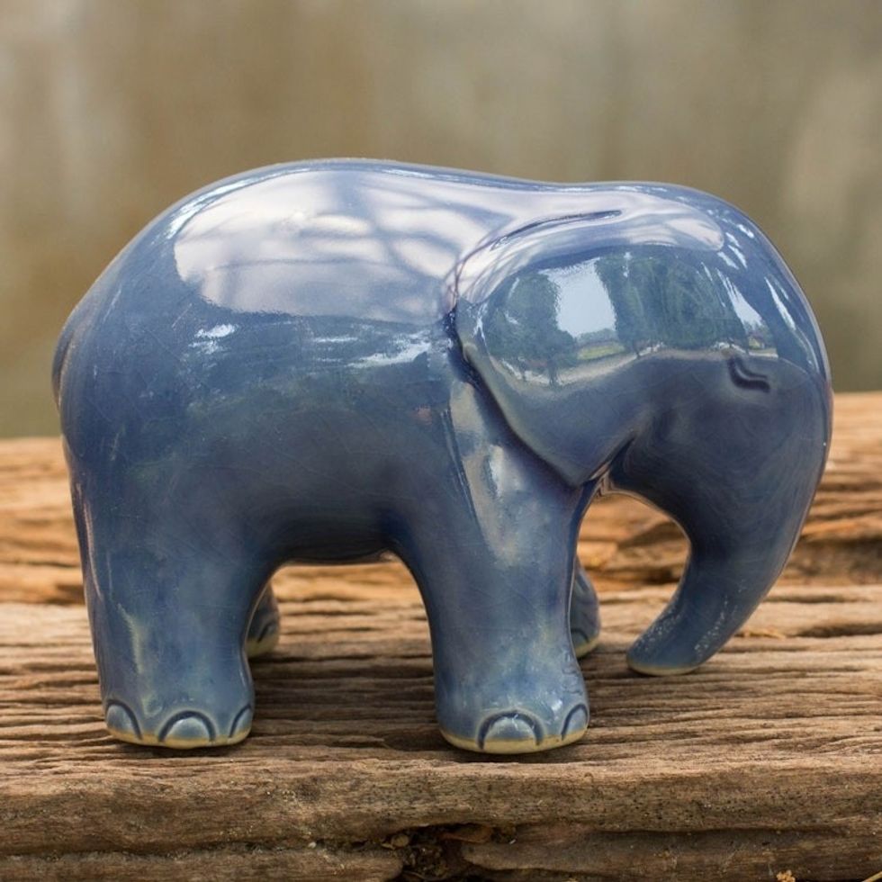 Blue Celadon Ceramic Figurine 'Sapphire Elephant'