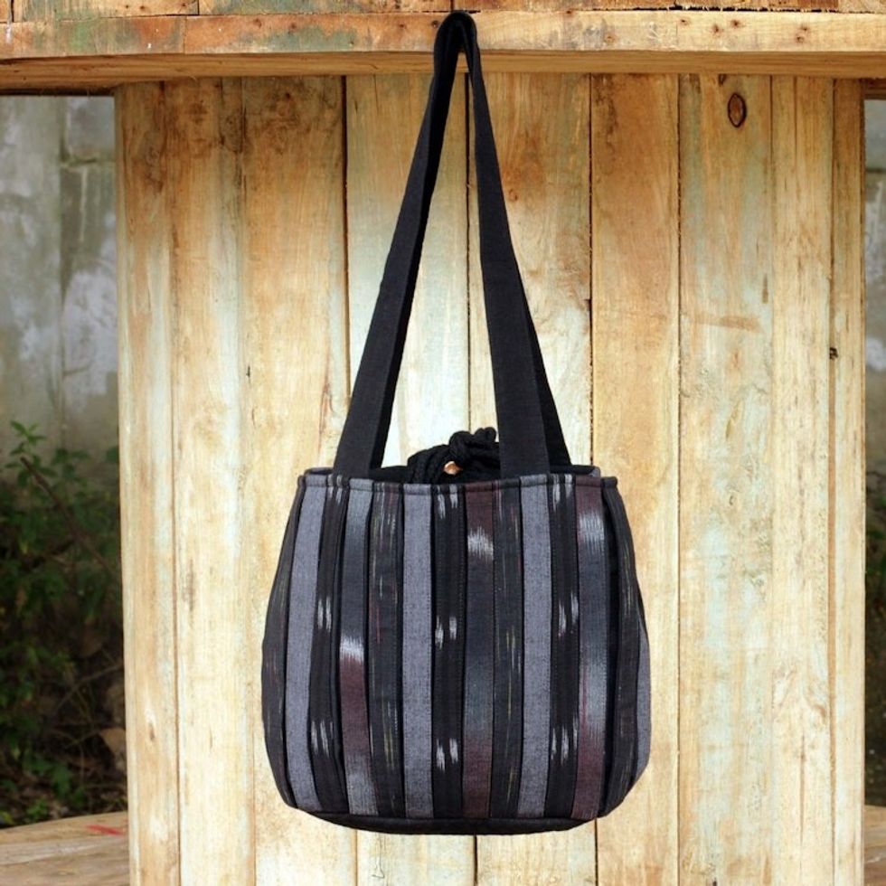 Dark Ikat Style Hand Woven Cotton Shoulder Bag with Pockets 'Orient Black'