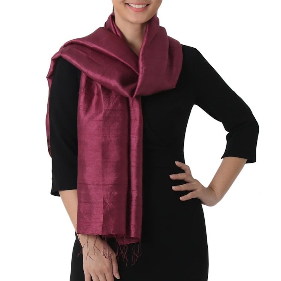 Hand Woven Fringed Silk Scarf in Magenta from Thailand 'Otherworldly in Magenta'