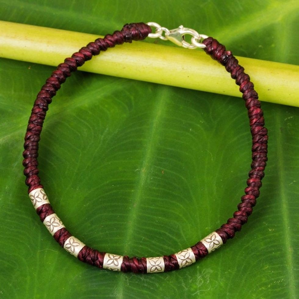 950 Silver Accent Wristband Bracelet from Thailand 'Happy Flower in Maroon'