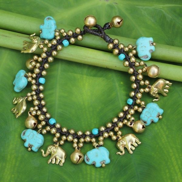 Alternate image for Elephant Charm Bracelet with Brass and Blue Calcite Beads Elephant World