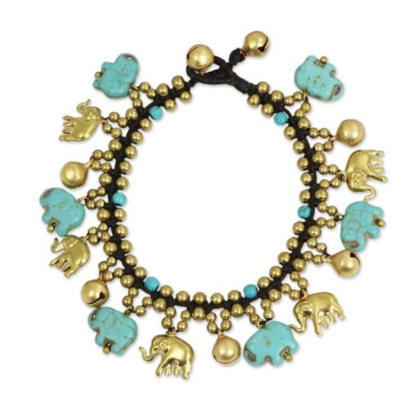 Alternate image for Elephant Charm Bracelet with Brass and Blue Calcite Beads Elephant World