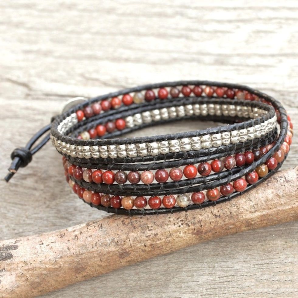 Jasper and Silver on Artisan Crafted Leather Wrap Bracelet 'Hill Tribe Explorer'