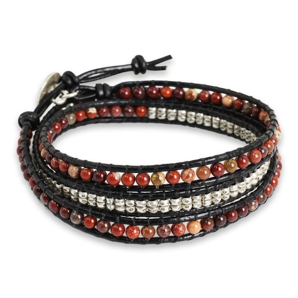 Alternate image for Jasper and Silver on Artisan Crafted Leather Wrap Bracelet Hill Tribe Explorer