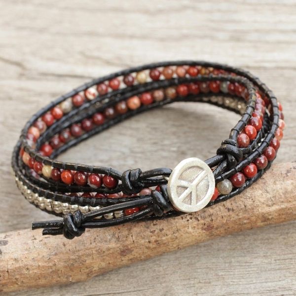 Alternate image for Jasper and Silver on Artisan Crafted Leather Wrap Bracelet Hill Tribe Explorer