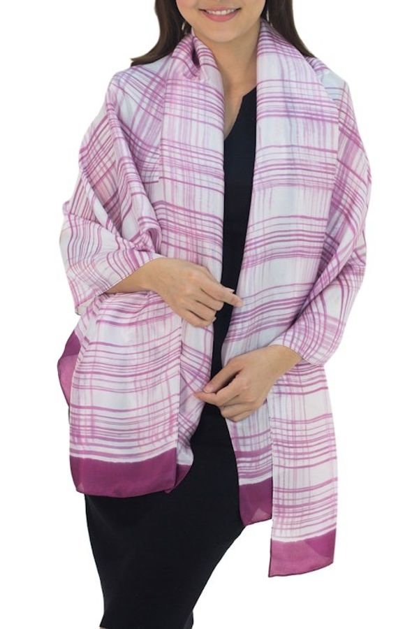 Alternate image for Thai White Silk Blend Shawl with Pink Batik Pink Plaid Batik