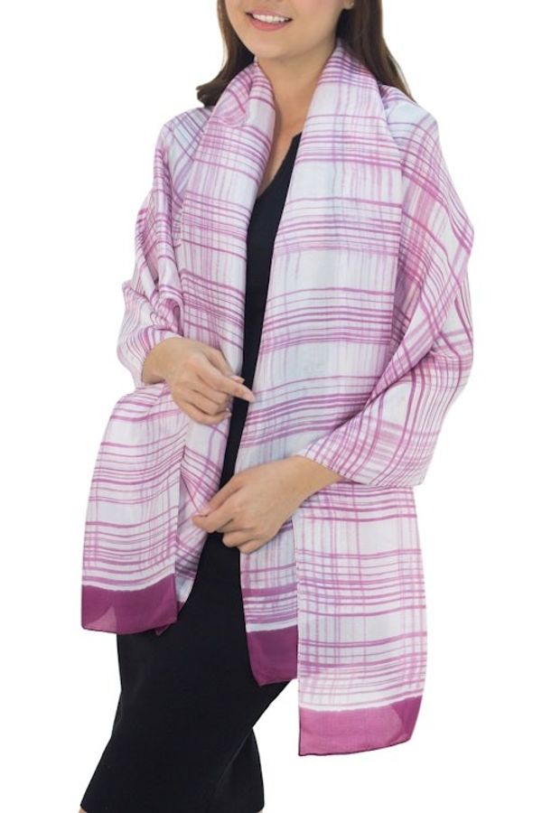 Alternate image for Thai White Silk Blend Shawl with Pink Batik Pink Plaid Batik