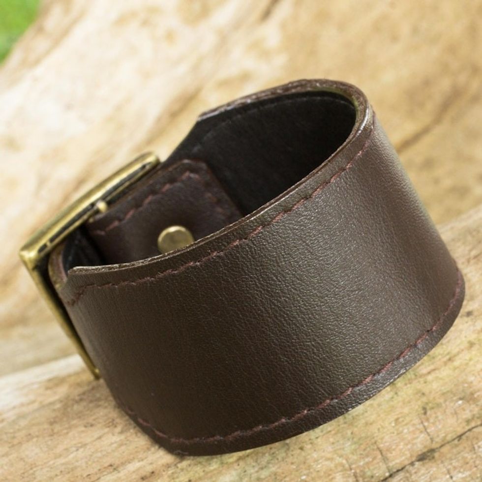 Thai Handcrafted Espresso Brown Leather Wristband 'Courage in Espresso Brown'