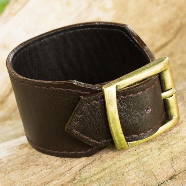 Alternate image for Thai Handcrafted Espresso Brown Leather Wristband Courage in Espresso Brown