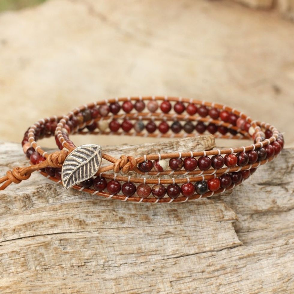 Beaded Wrap Bracelet with Red Jasper and Leather Cords 'Special Wine'