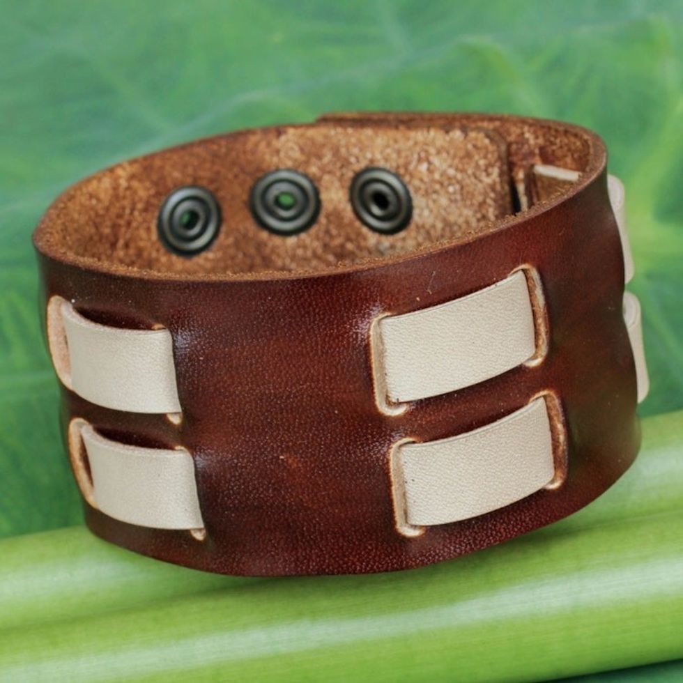 Men's Brown and Cream Leather Wristband Bracelet 'Rugged Weave'