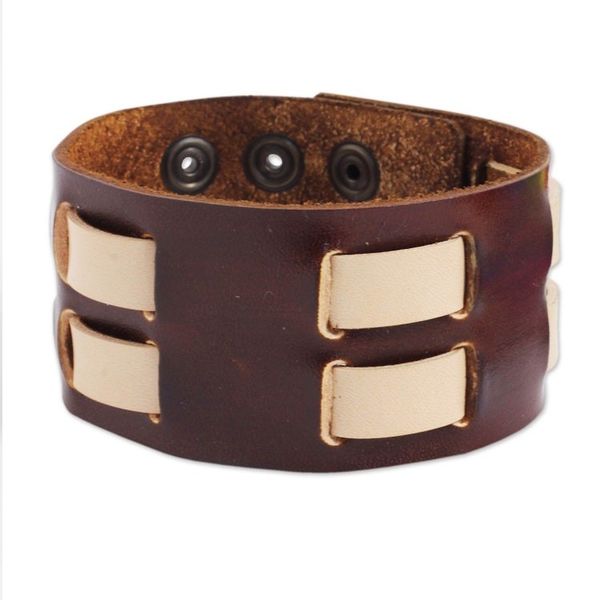 Alternate image for Mens Brown and Cream Leather Wristband Bracelet Rugged Weave